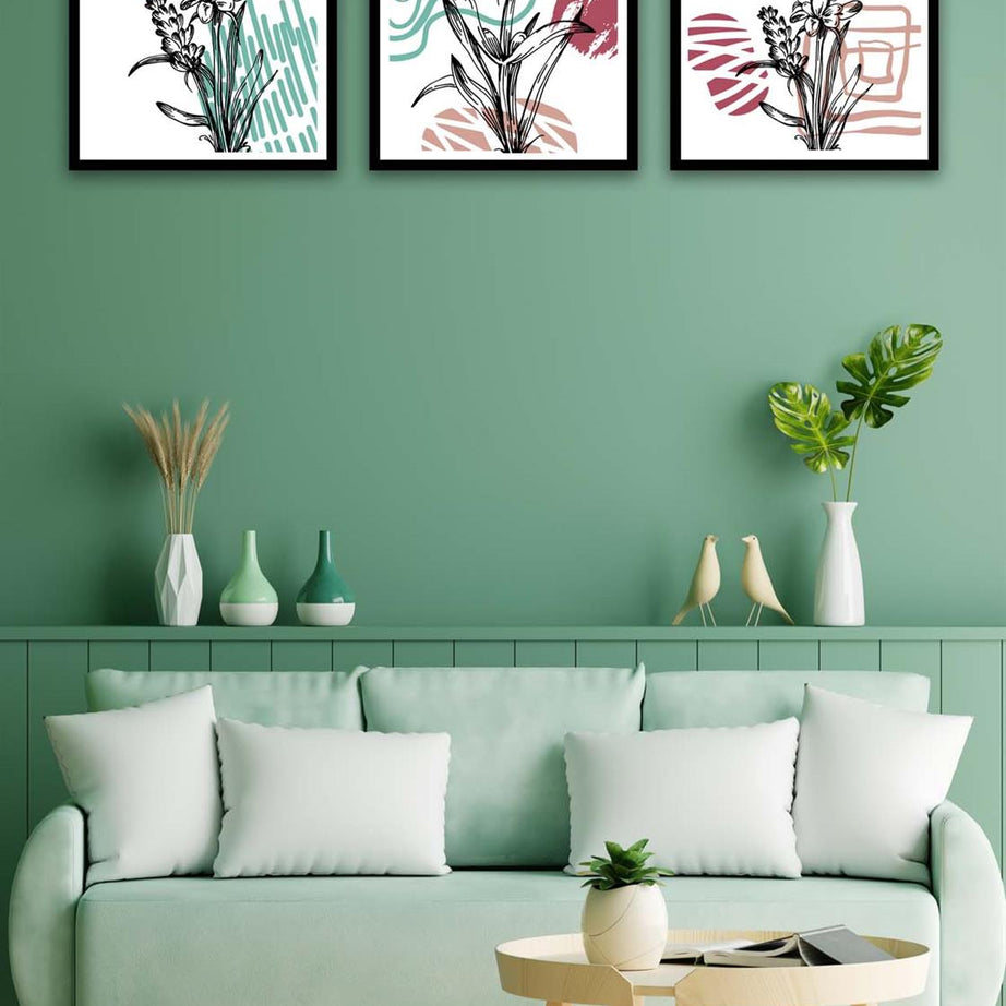 3 Parça Modern Sanat Tarzında Siyah Çerçeve Görünümlü Uv Baskı Mdf Tablo Seti