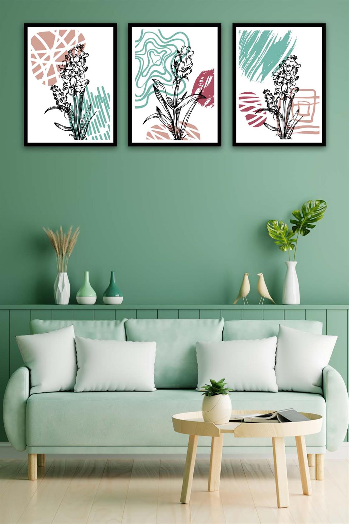 3 Parça Modern Sanat Tarzında Siyah Çerçeve Görünümlü Uv Baskı Mdf Tablo Seti