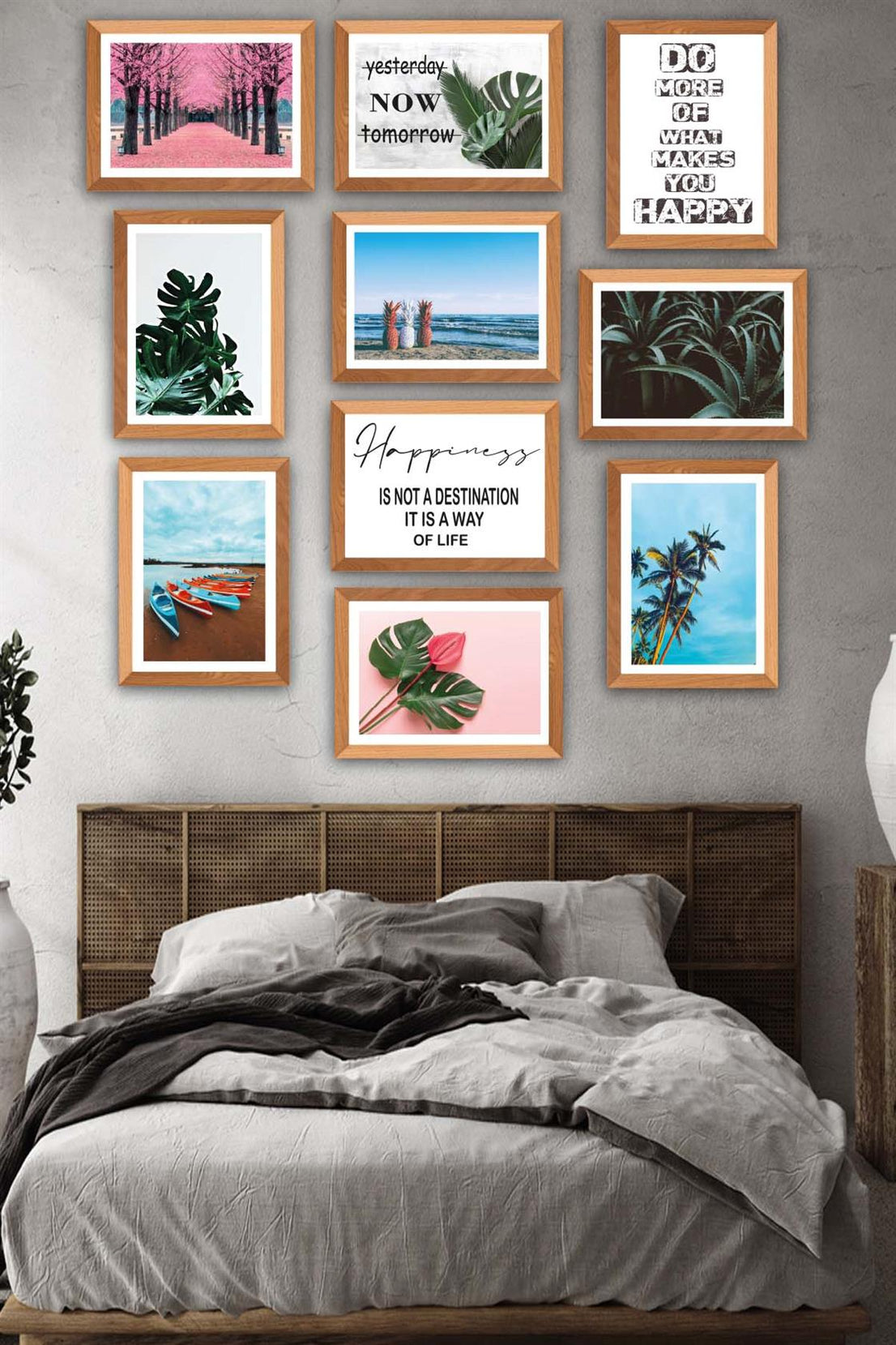 10 Parça Modern Botanik Yaprak Ve Yaz Manzarası (Ahşap Çerçeve Görünümlü) Uv Baskı Tablo Seti