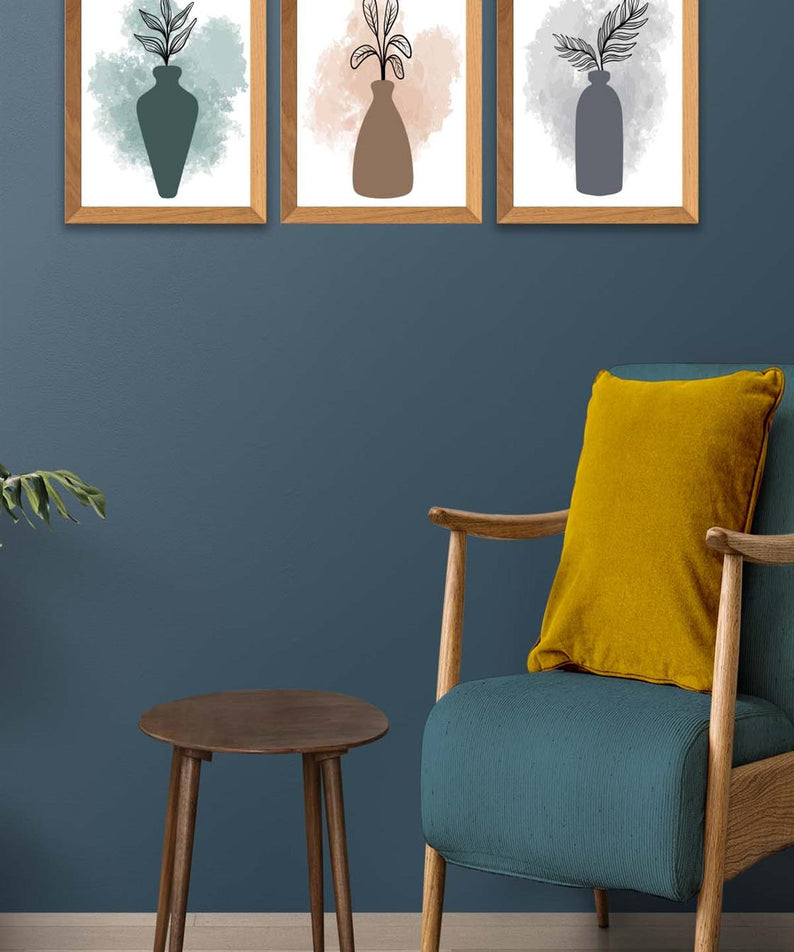 3 Parça Modern Sanatsal Suluboya Tarzda (Ahşap çerçeve görünümlü) Uv Baskı Mdf Tablo Seti