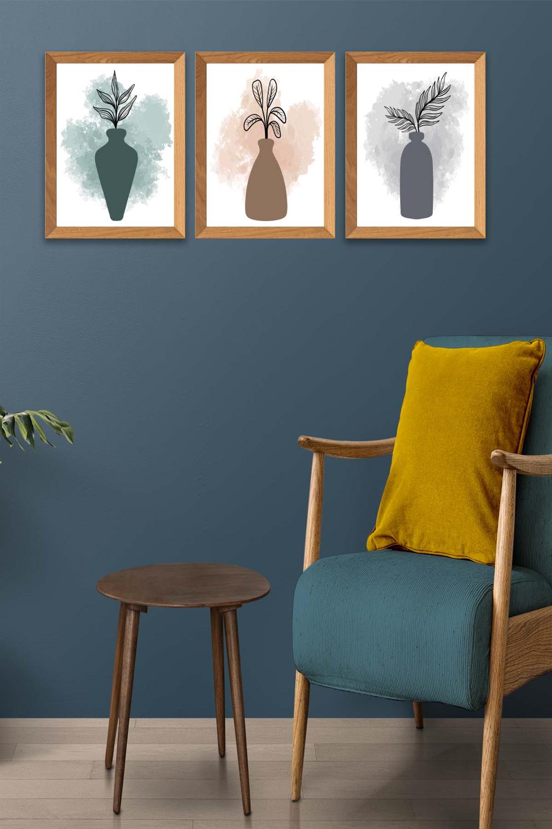 3 Parça Modern Sanatsal Suluboya Tarzda (Ahşap çerçeve görünümlü) Uv Baskı Mdf Tablo Seti