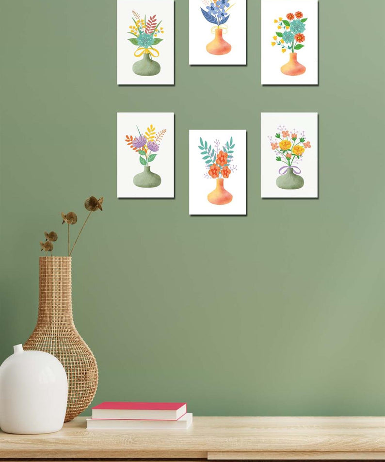 6 Parça bohem tarzı vazolu çiçek tablo seti