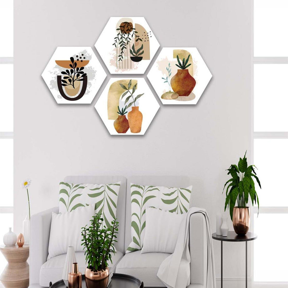 4 Parça Petek Suluboya Modern Tarzda Tasarım Uv Baskı Mdf Tablo Seti