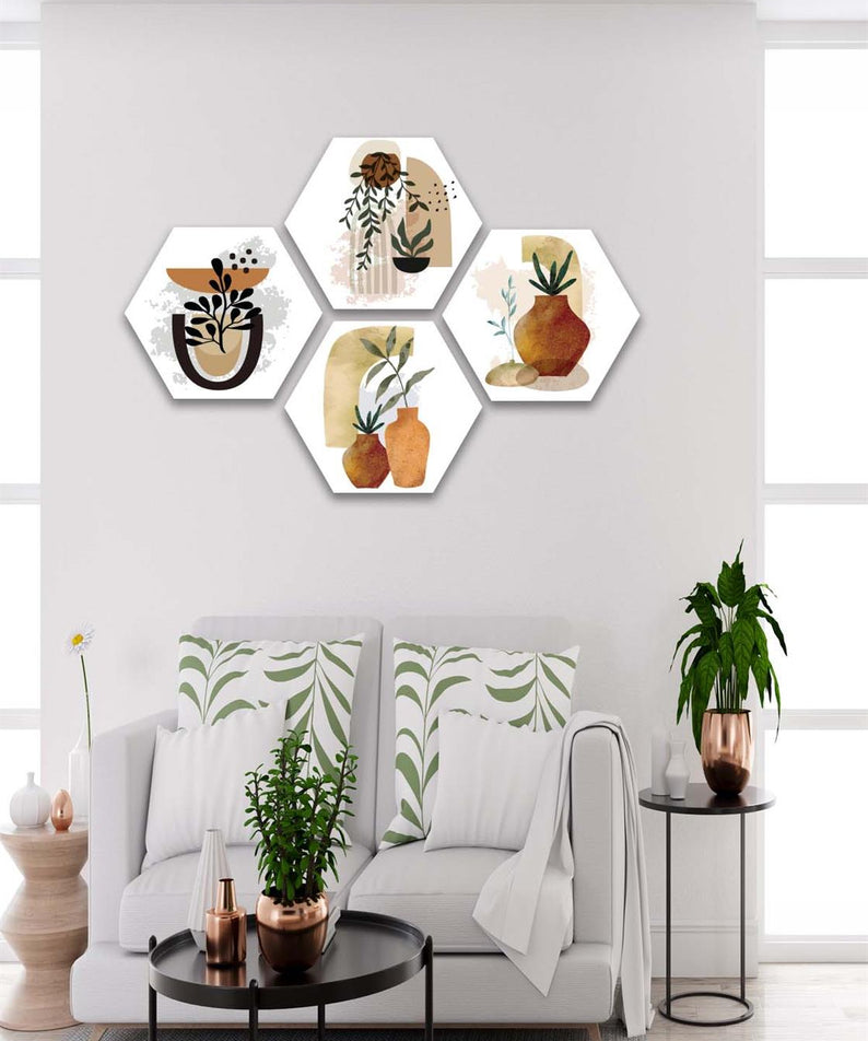 4 Parça Petek Suluboya Modern Tarzda Tasarım Uv Baskı Mdf Tablo Seti