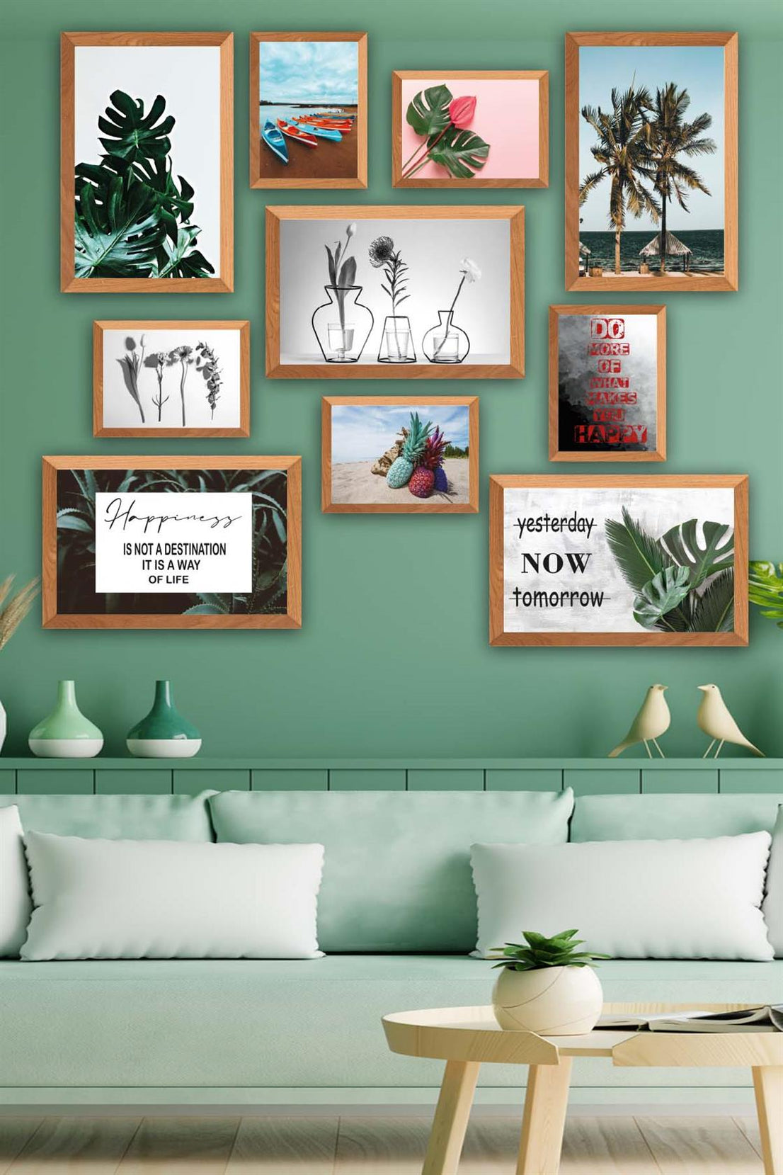 10 Parça Botanik Yaprak Modern Tarzda (Ahşap Çerçeve Görünümlü) Uv Baskı Tablo Seti