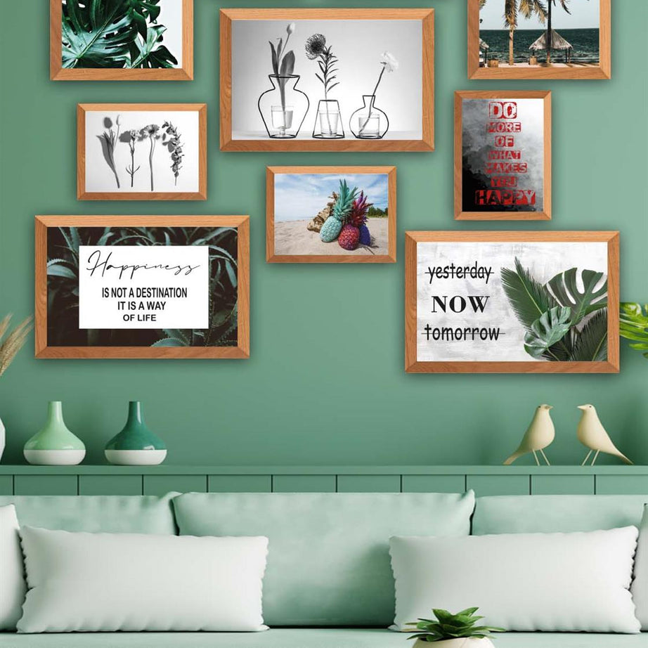 10 Parça Botanik Yaprak Modern Tarzda (Ahşap Çerçeve Görünümlü) Uv Baskı Tablo Seti
