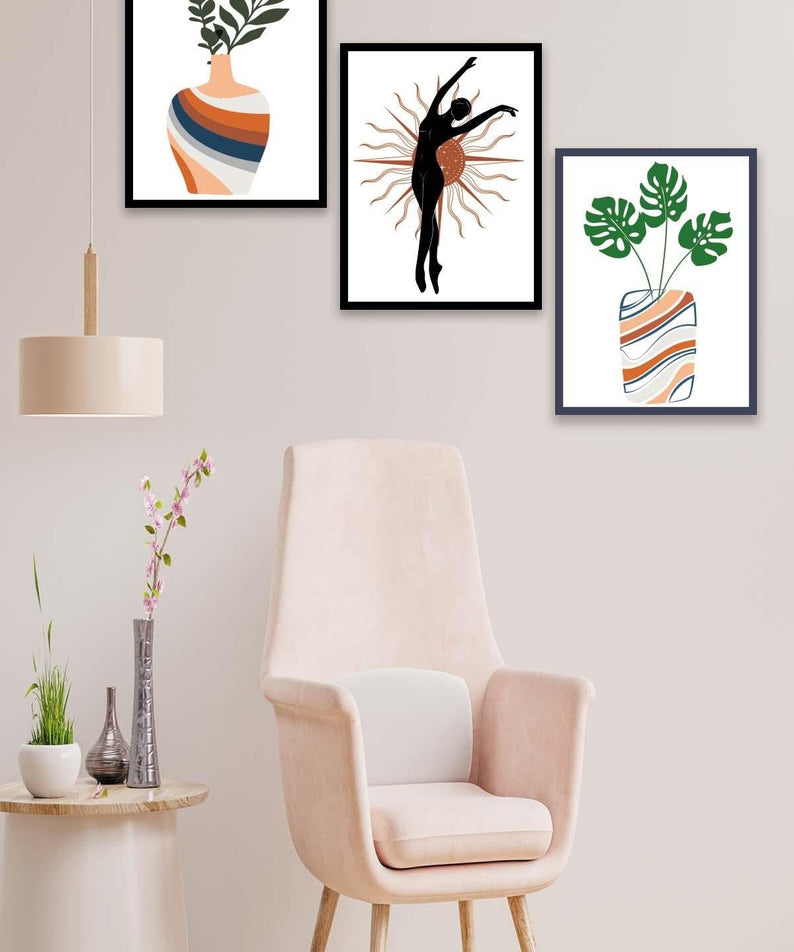 Botanik Çiçek Temalı Siyah Çerçeve Görünümlü Tablo Seti