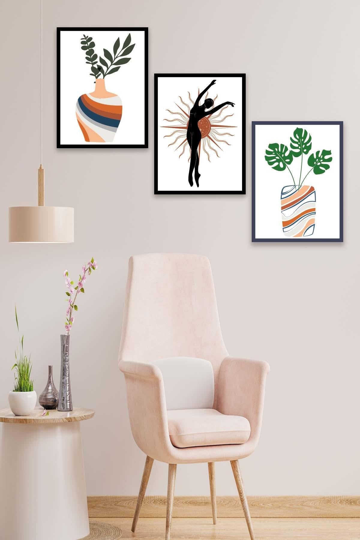 Botanik Çiçek Temalı Siyah Çerçeve Görünümlü Tablo Seti