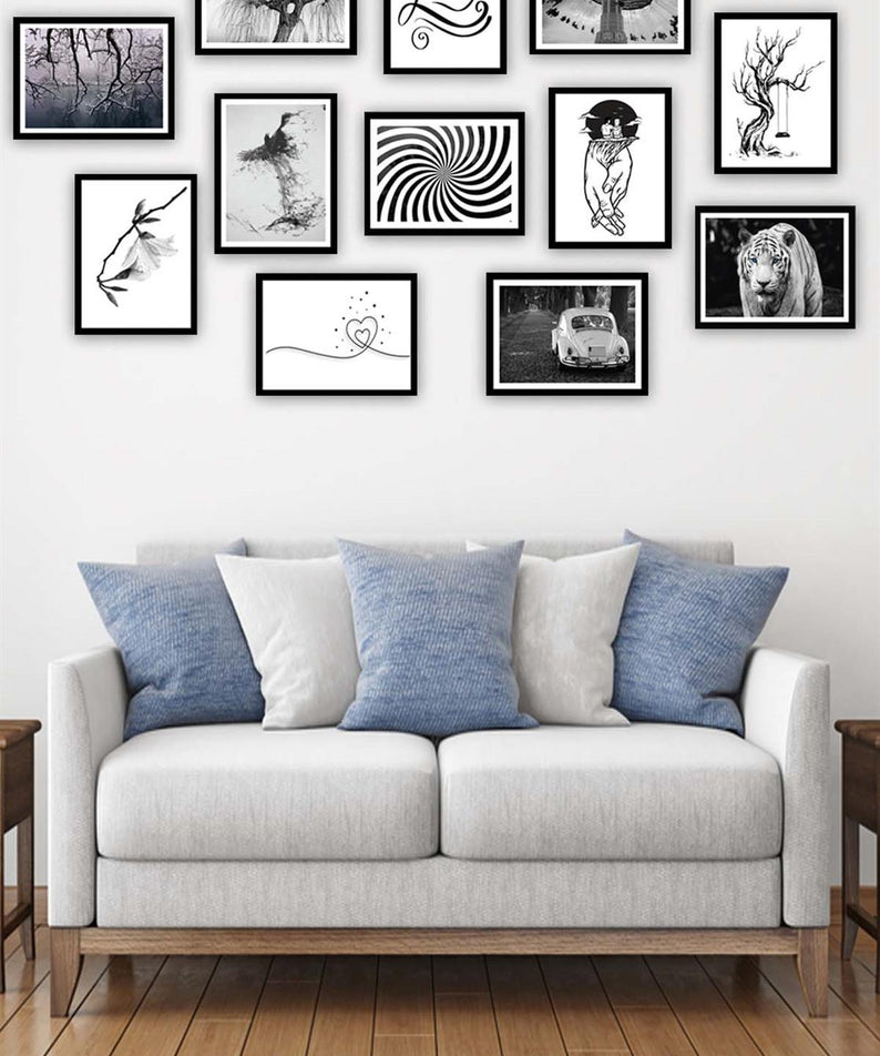 12 Parça Siyah Beyaz Çerçeve Görünümlü Tablo Seti