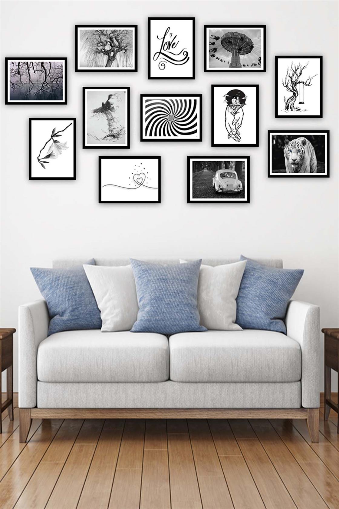 12 Parça Siyah Beyaz Çerçeve Görünümlü Tablo Seti