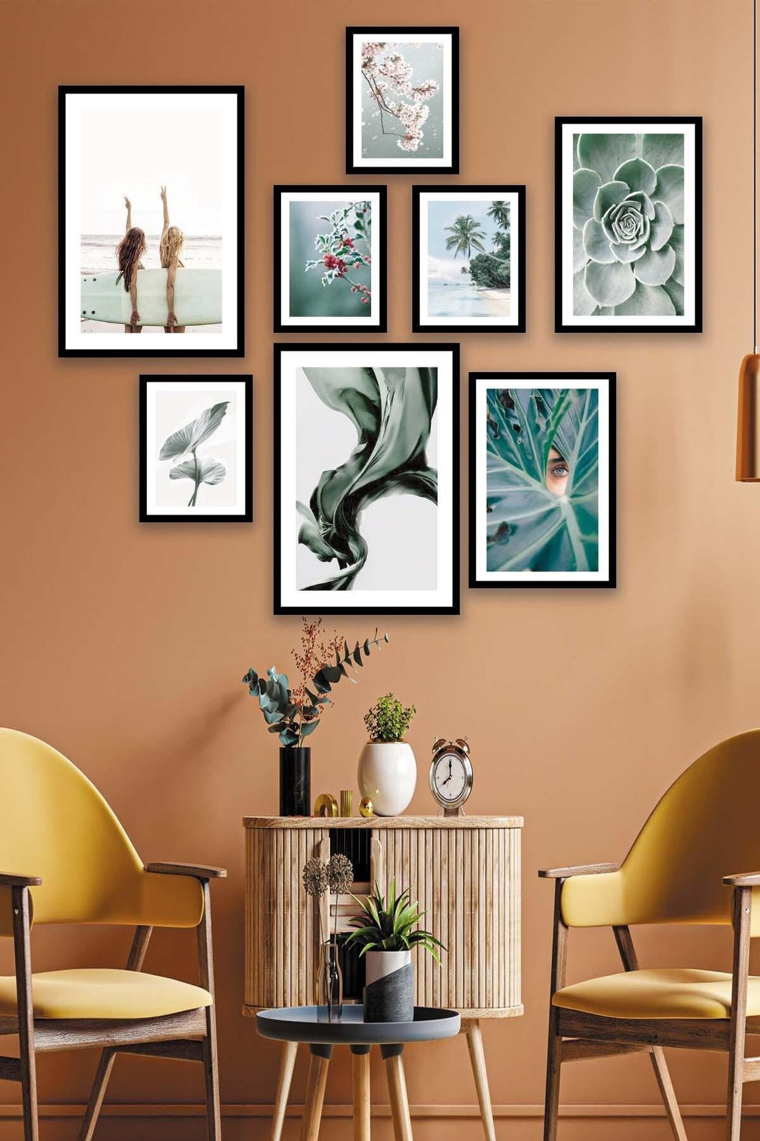 Yeşil Çiçek İle Manzaranın Ahengi Temalı Tablo Seti