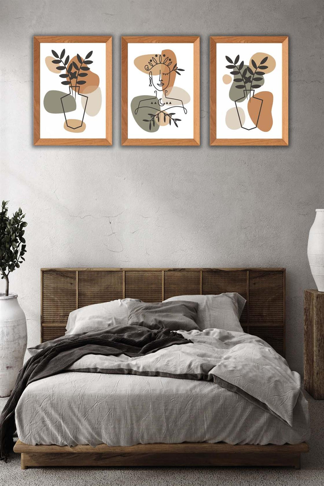 3 Parça Bohem Tarzı Sanatsal Ahşap Çerçeve Görünümlü Tablo Seti