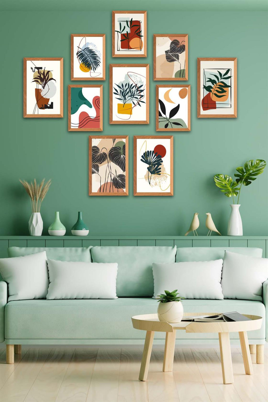 10 Parça Bohem Tarzda Sanatsal Ahşap Çerçeve Görünümlü Uv Baskı Mdf Tablo Seti