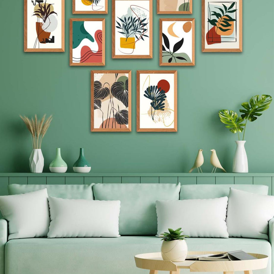 10 Parça Bohem Tarzda Sanatsal Ahşap Çerçeve Görünümlü Uv Baskı Mdf Tablo Seti