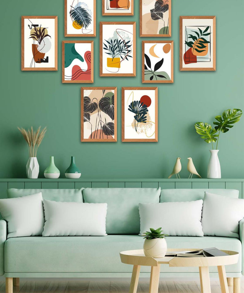 10 Parça Bohem Tarzda Sanatsal Ahşap Çerçeve Görünümlü Uv Baskı Mdf Tablo Seti