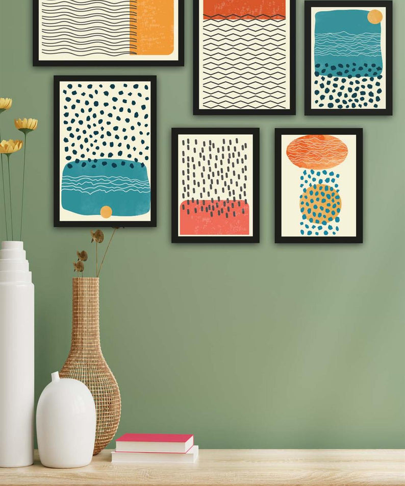 6 Parça Çizim Bohem Tarzda (Siyah Çerçeve Görünümlü) Uv Baskı Tablo Seti