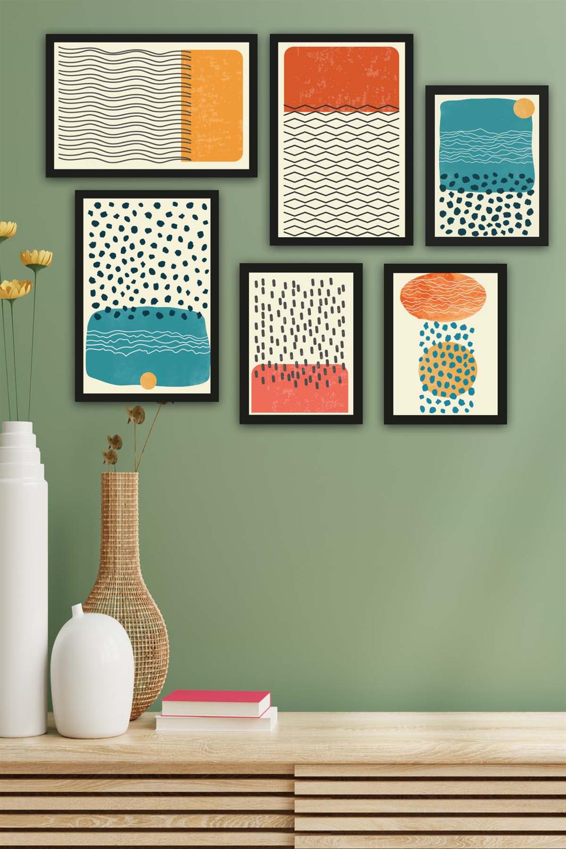 6 Parça Çizim Bohem Tarzda (Siyah Çerçeve Görünümlü) Uv Baskı Tablo Seti