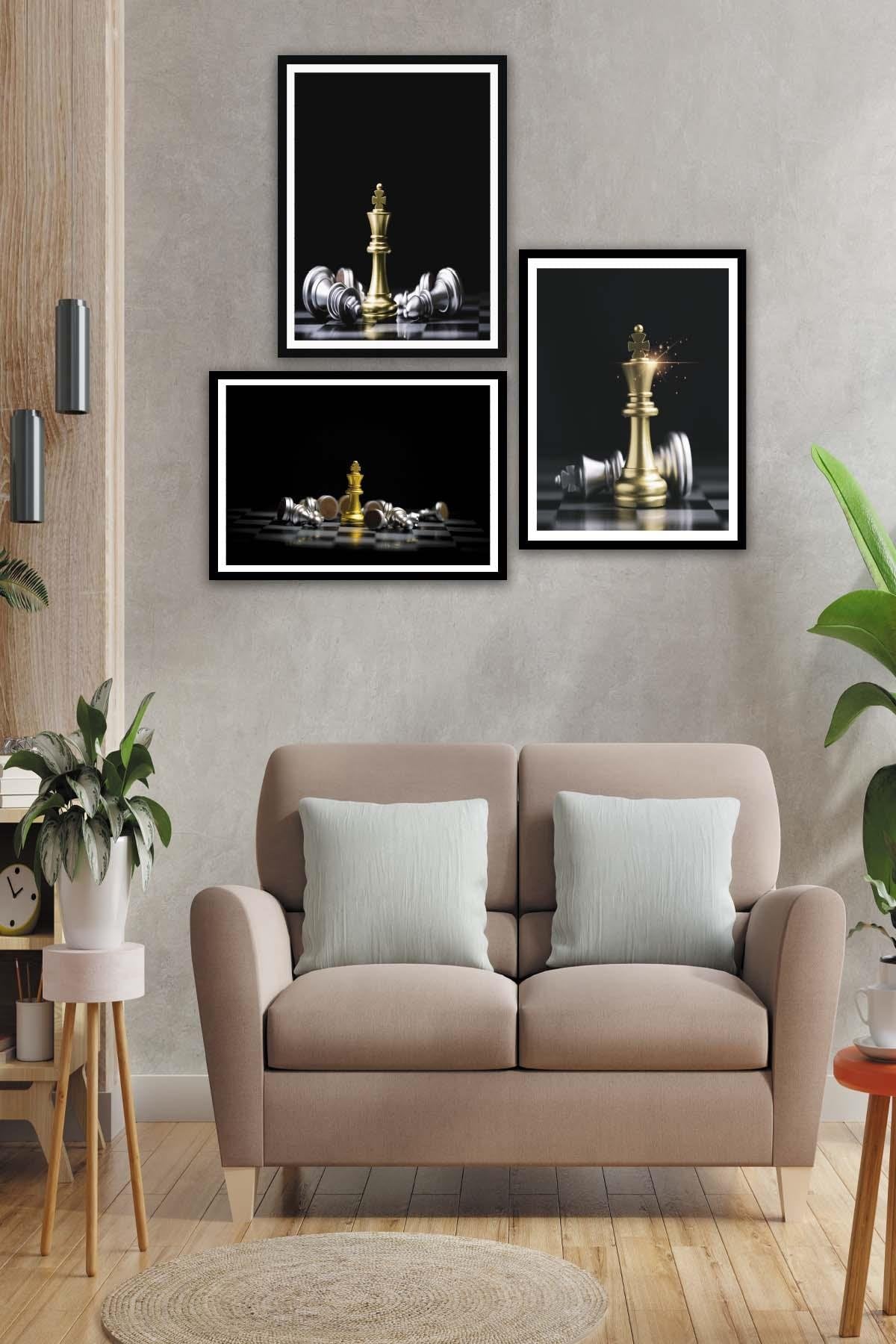 Satranç Temalı Siyah Çerçeve Görünümlü Tablo Seti
