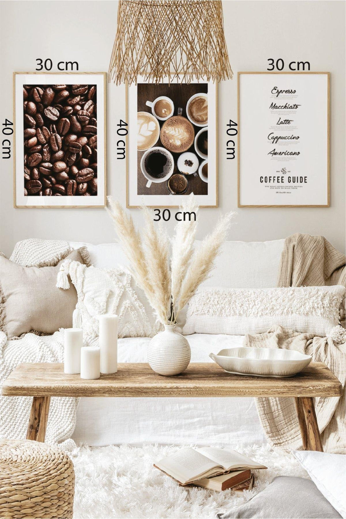 3 Parça Coffee Temalı Ahşap Çerçeve Görünümlü Tablo Seti