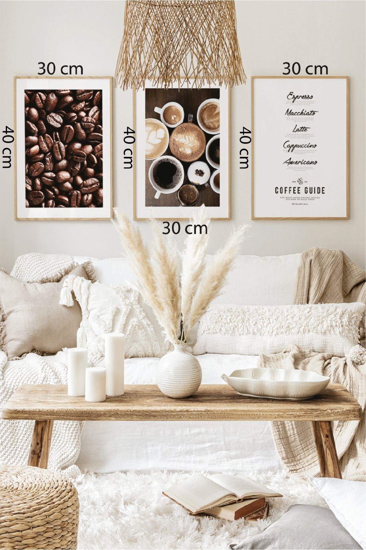 3 Parça Coffee Temalı Ahşap Çerçeve Görünümlü Tablo Seti