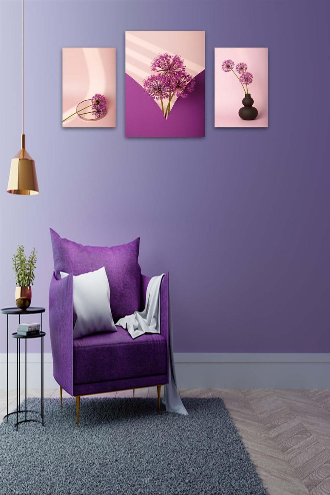 3 Parça Mor Çiçek Desenli Uv Baskı Tablo Seti