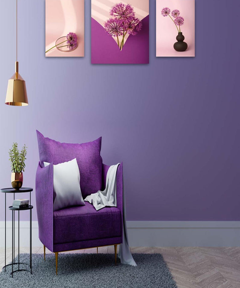 3 Parça Mor Çiçek Desenli Uv Baskı Tablo Seti