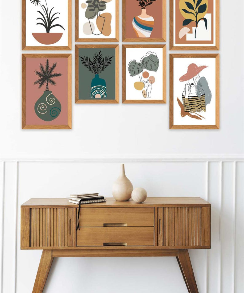 8 Parça Modern Sanatsal Bohem Tarzda (Ahşap çerçeve görünümlü) Uv Baskı Mdf Tablo Seti