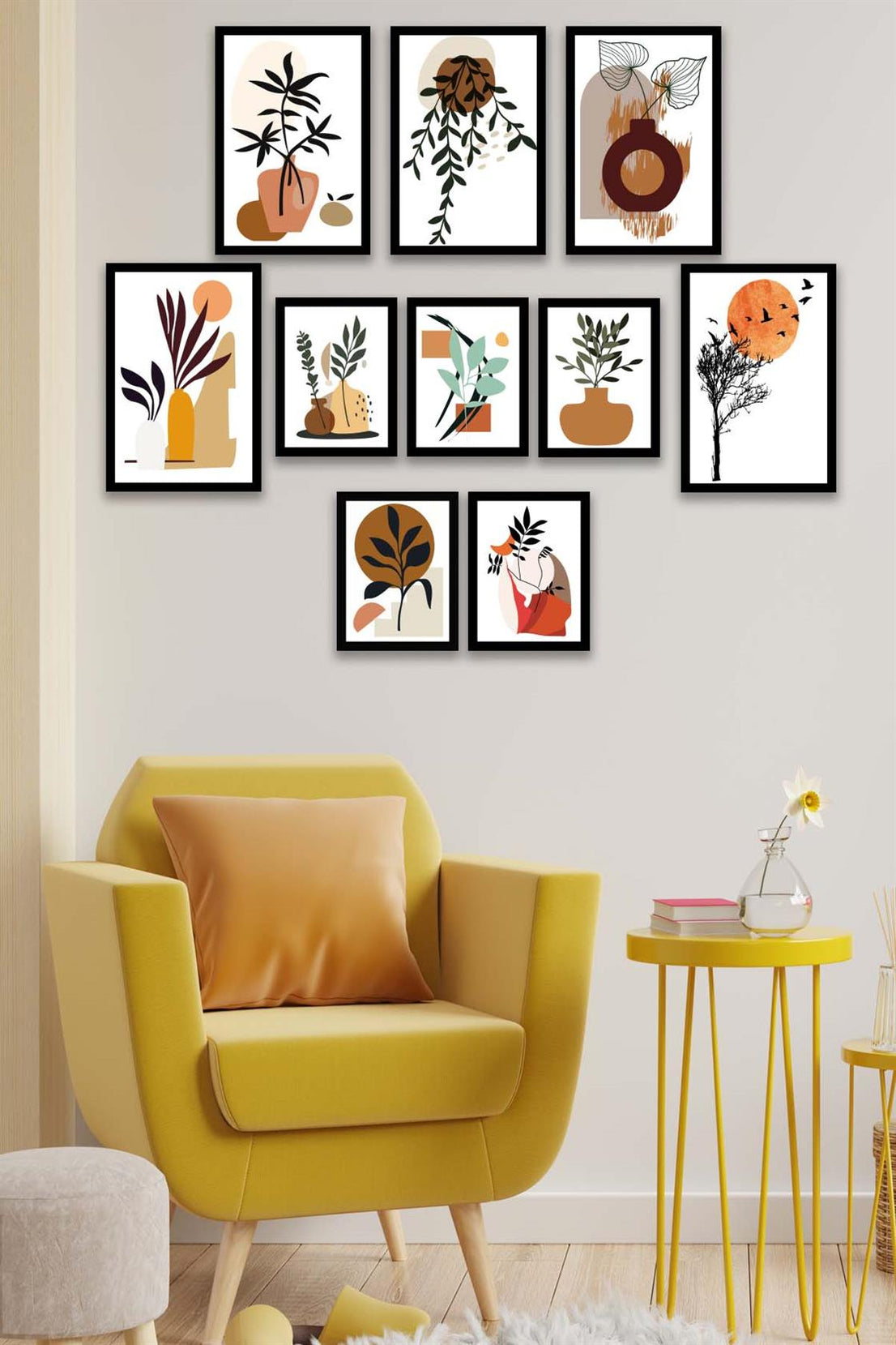 10 Parça Modern Sanatsal Bohem Tarzda (Siyah çerçeve görünümlü) Uv Baskı Mdf Tablo Seti