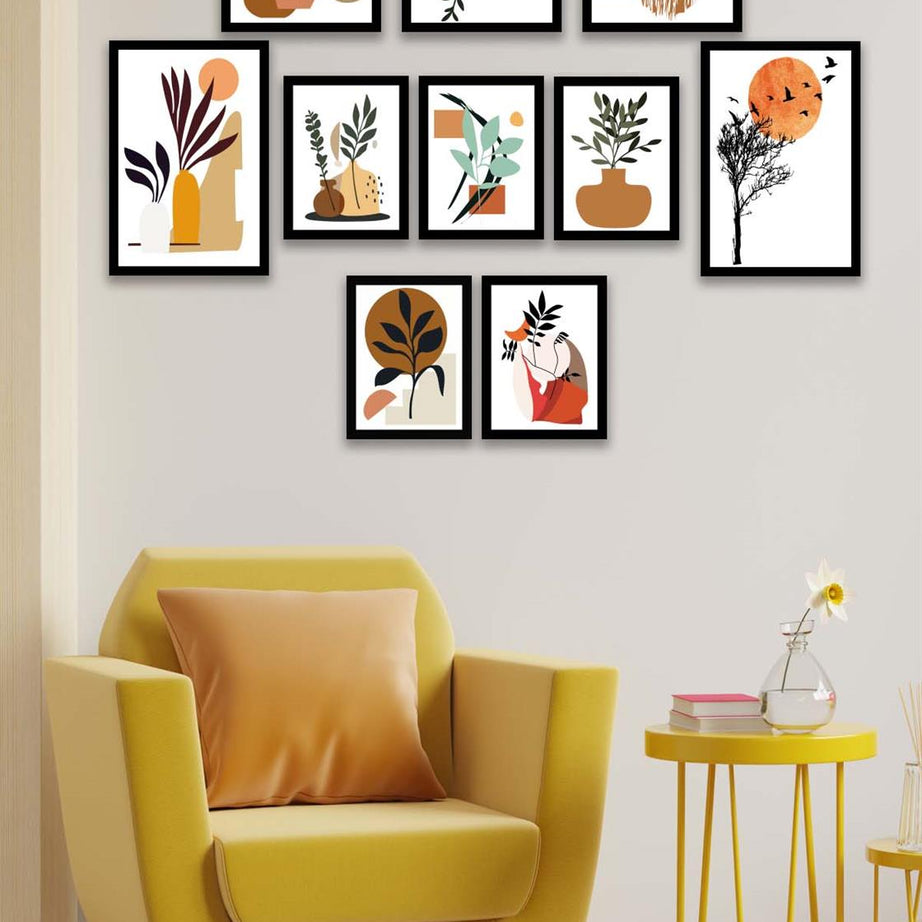 10 Parça Modern Sanatsal Bohem Tarzda (Siyah çerçeve görünümlü) Uv Baskı Mdf Tablo Seti