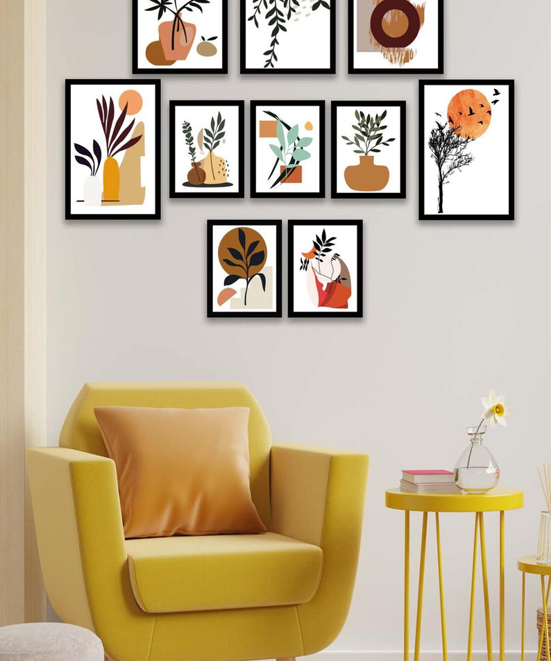 10 Parça Modern Sanatsal Bohem Tarzda (Siyah çerçeve görünümlü) Uv Baskı Mdf Tablo Seti