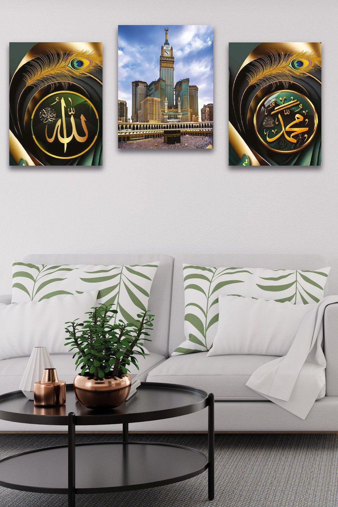 3 Parça Allah Muhammed Kabe Temalı Gold Tablo Seti