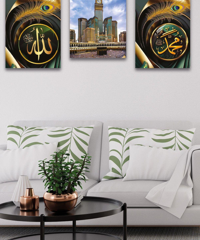 3 Parça Allah Muhammed Kabe Temalı Gold Tablo Seti