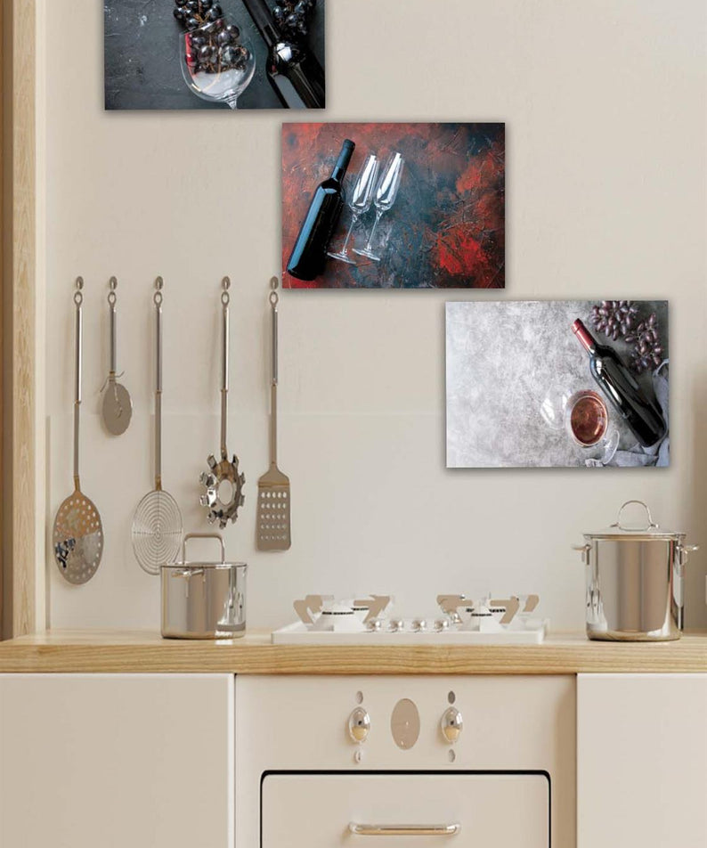 3 Parça Şarap ve Üzüm Desenli Mdf Ahşap Tablo Seti