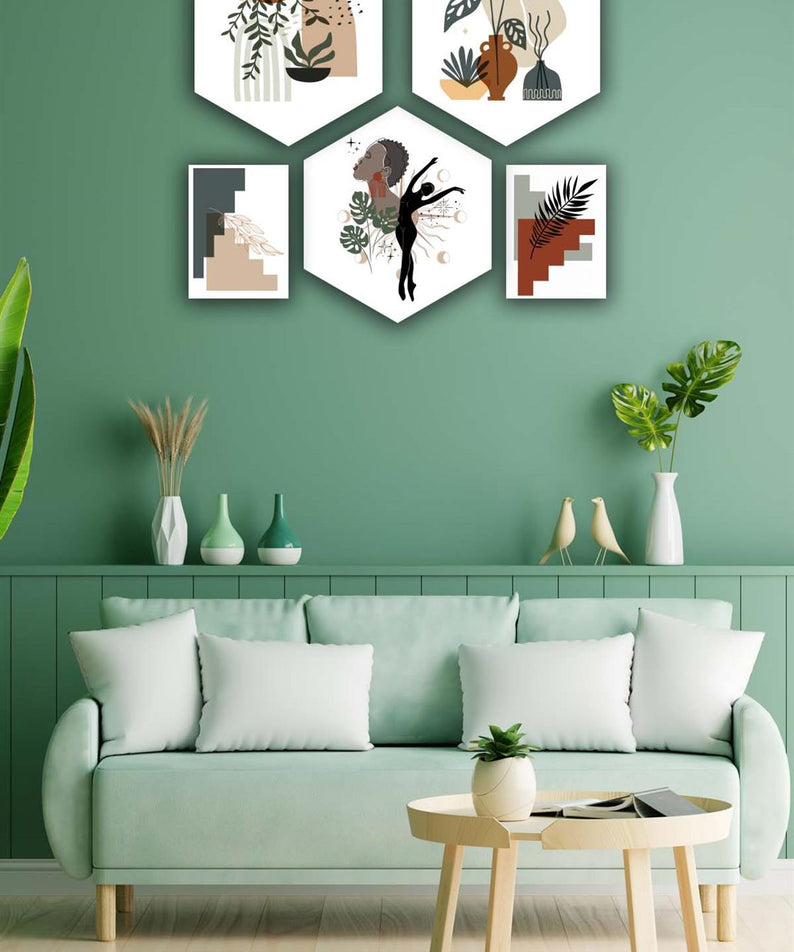 5 Parça Petek Ve Dikdörtgen Tasarım Bohem Tarzında Uv Baskı Mdf Tablo Seti