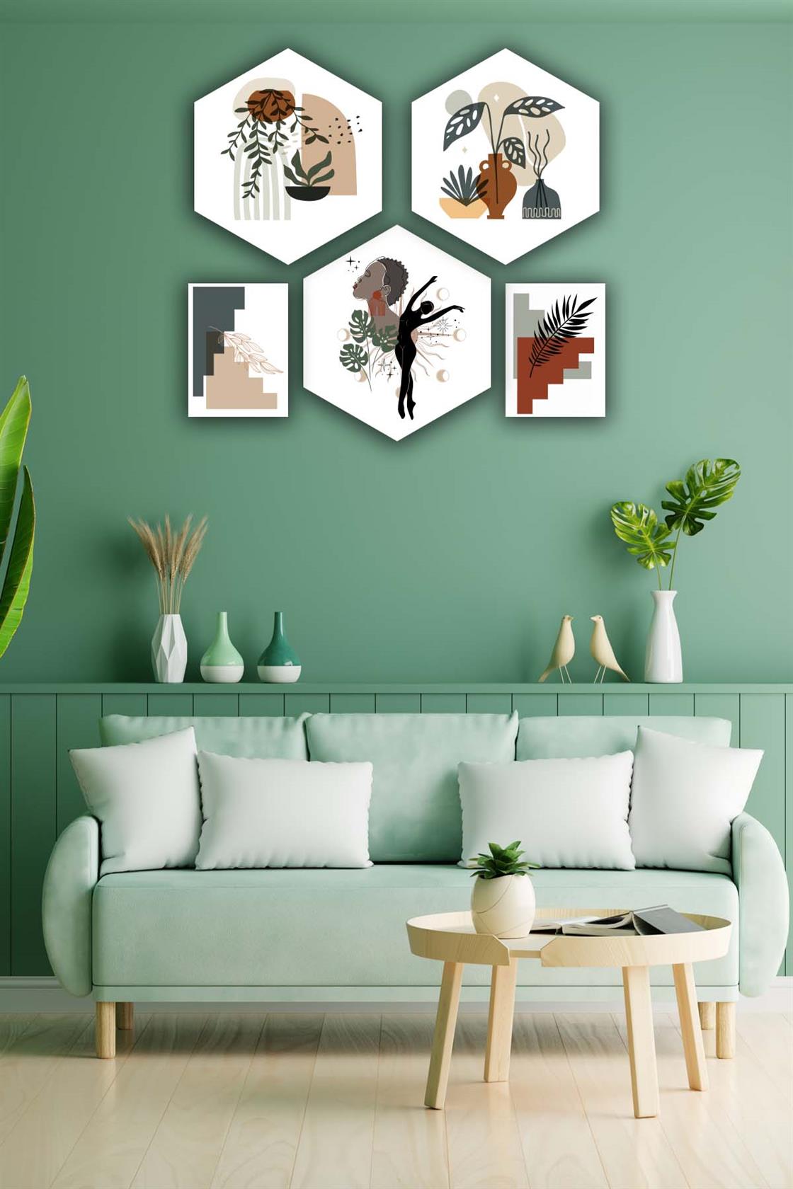 5 Parça Petek Ve Dikdörtgen Tasarım Bohem Tarzında Uv Baskı Mdf Tablo Seti