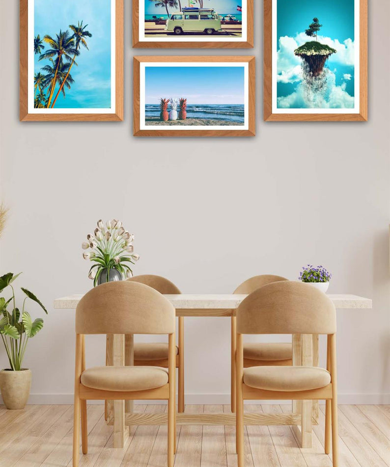 4 Parça Modern Tarzda Yaz Manzarası (Ahşap Çerçeve Görünümlü) Uv Baskı Tablo Seti