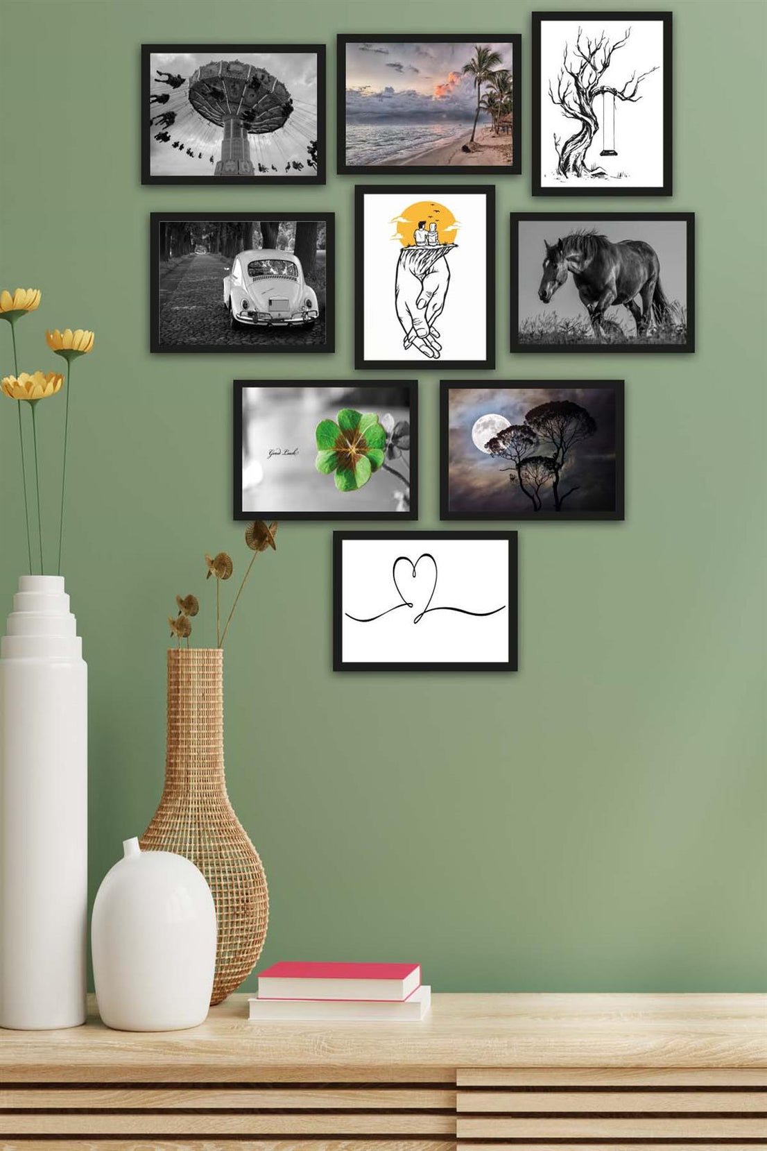 9 Parça Siyah Beyaz Tarzında Siyah Çerçeve Görünümlü Uv Baskı Mdf Tablo Seti