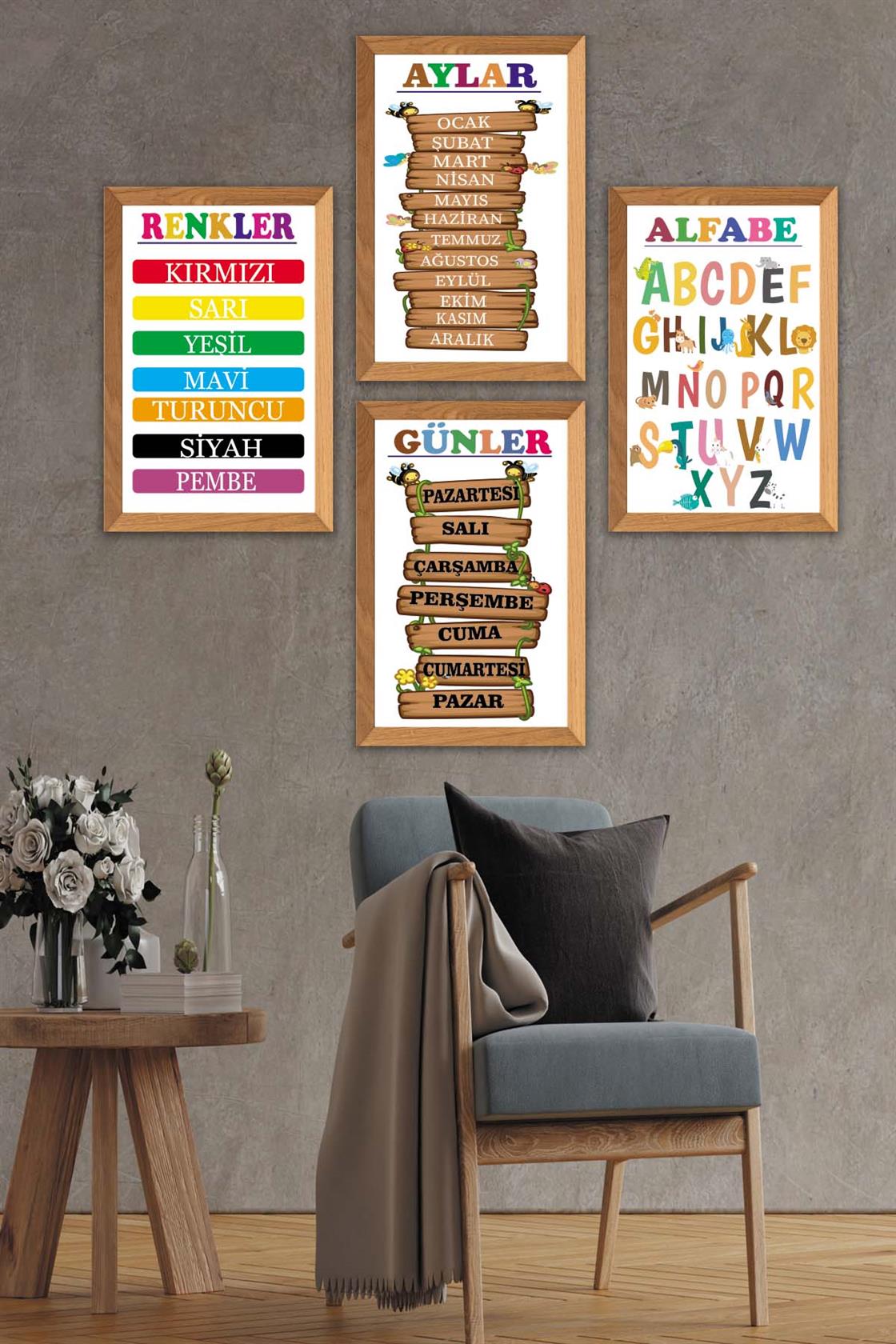 4 Parça Çoçuklar İçin Renkli Alfabe Sayılar Ve Aylar Eğitici Tablo Ahşap Çerçeve Görünümlü