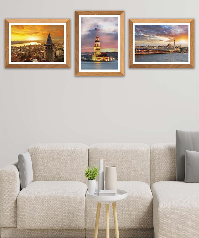 3 Parça Kız Kulesi Ve Galata Kulesi (Ahşap çerçeve görünümlü) Uv Baskı Mdf Tablo Seti