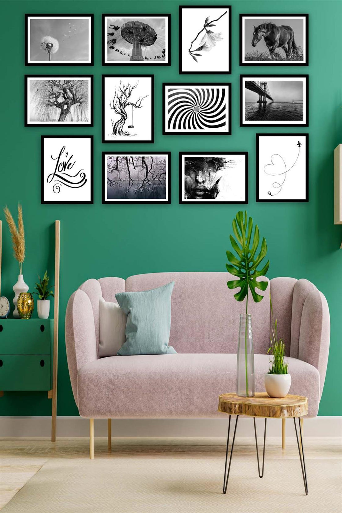 12 Parça Siyah Beyaz Sanatsal Çerçeve Görünümlü Tablo Seti