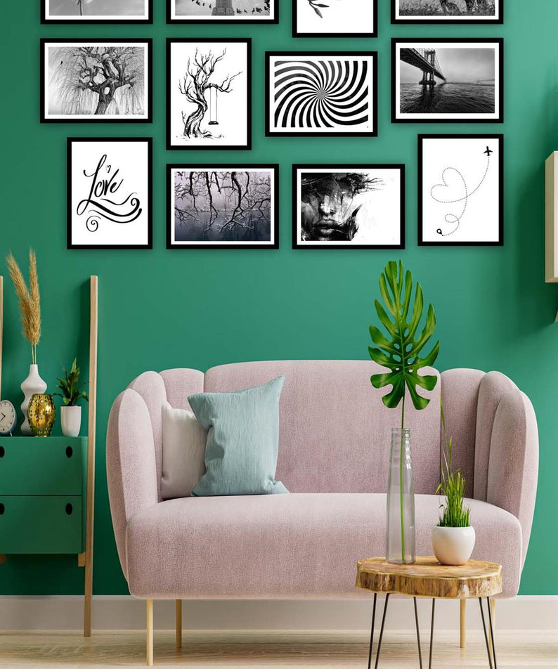 12 Parça Siyah Beyaz Sanatsal Çerçeve Görünümlü Tablo Seti