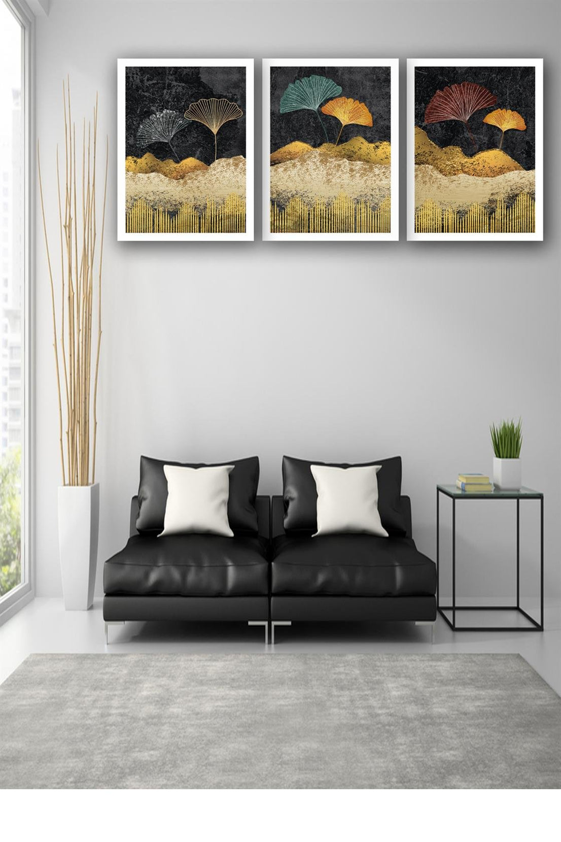 3 Parça Yaprak Tarzında Çiçek Uv Baskı Mdf Tablo Seti