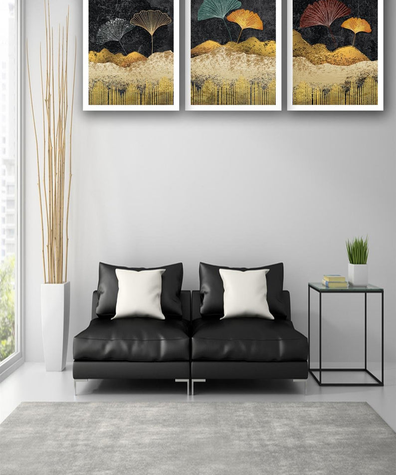 3 Parça Yaprak Tarzında Çiçek Uv Baskı Mdf Tablo Seti