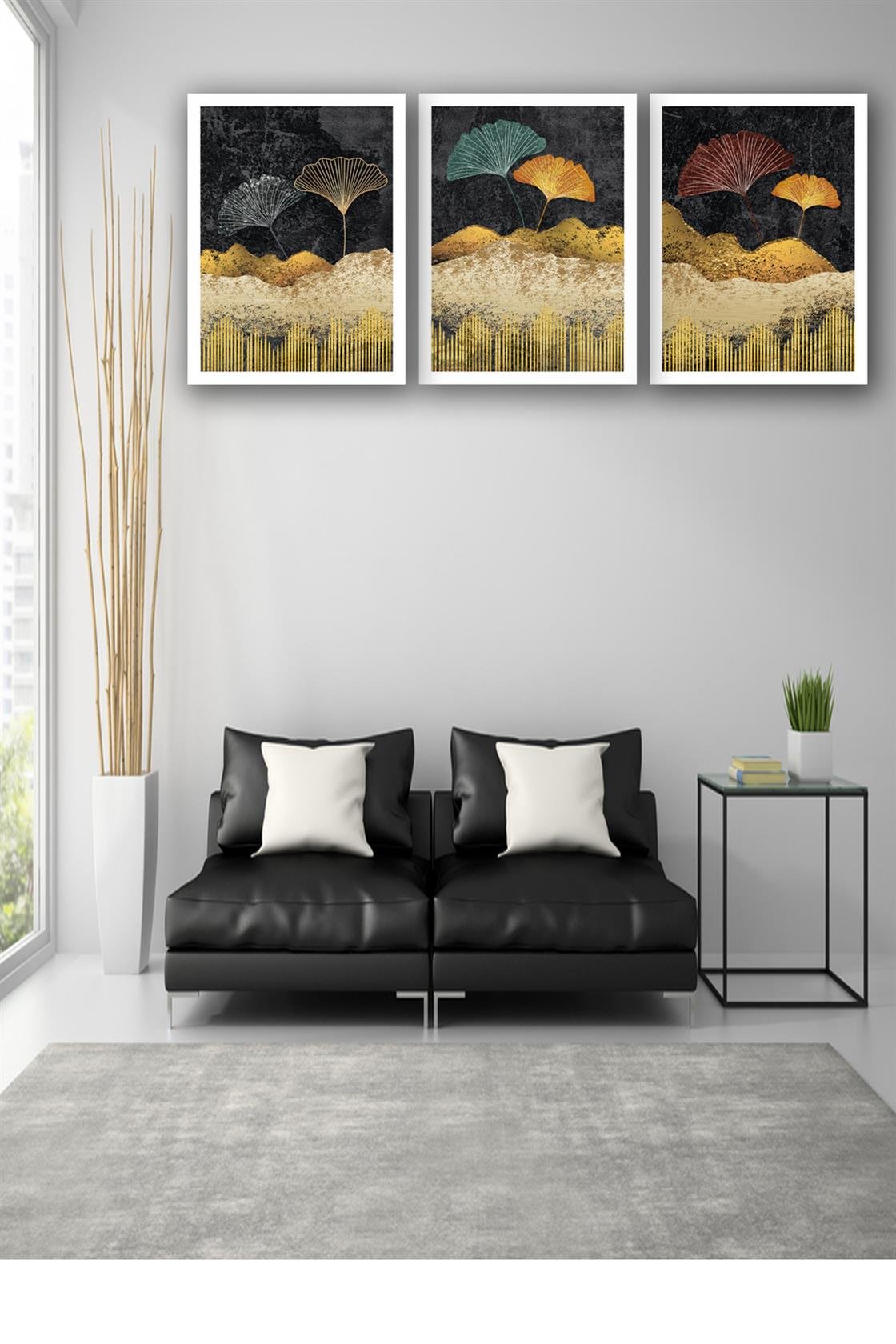 3 Parça Yaprak Tarzında Çiçek Uv Baskı Mdf Tablo Seti