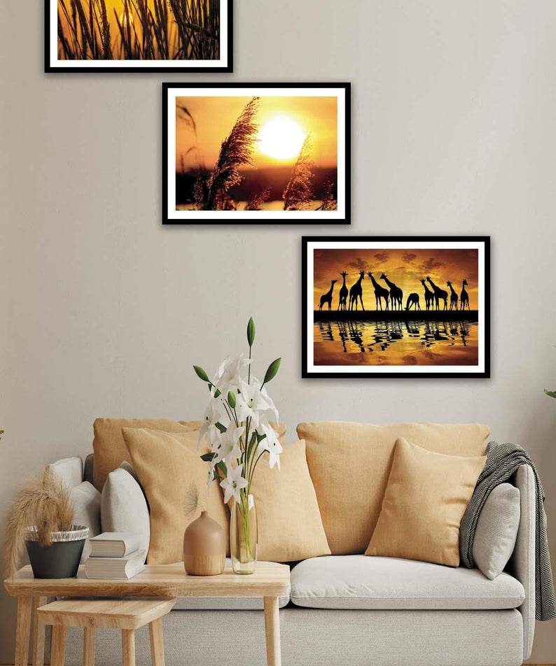 Afrika Zürafa Temalı Siyah Çerçeve Görünümlü Tablo Seti