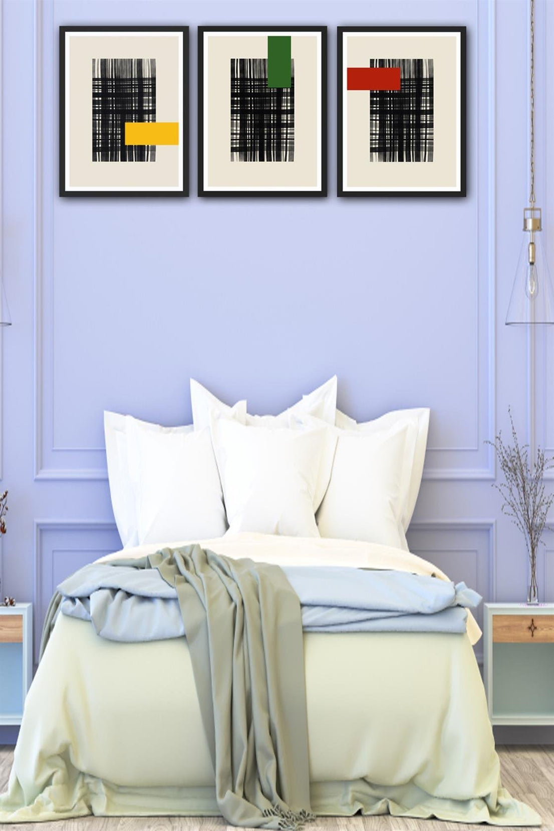 3 Parça Modern Sanat Tarzında Siyah Çerçeve Görünümlü Uv Baskı Mdf Tablo Seti