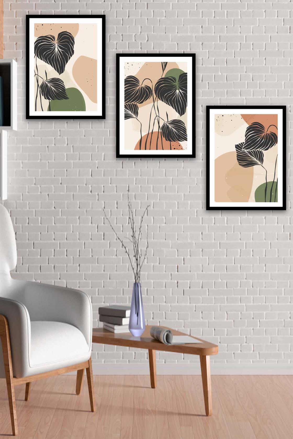 3 Parça Botanik Çiçek Bohem Tasarım Uv Baskı Mdf Tablo Seti