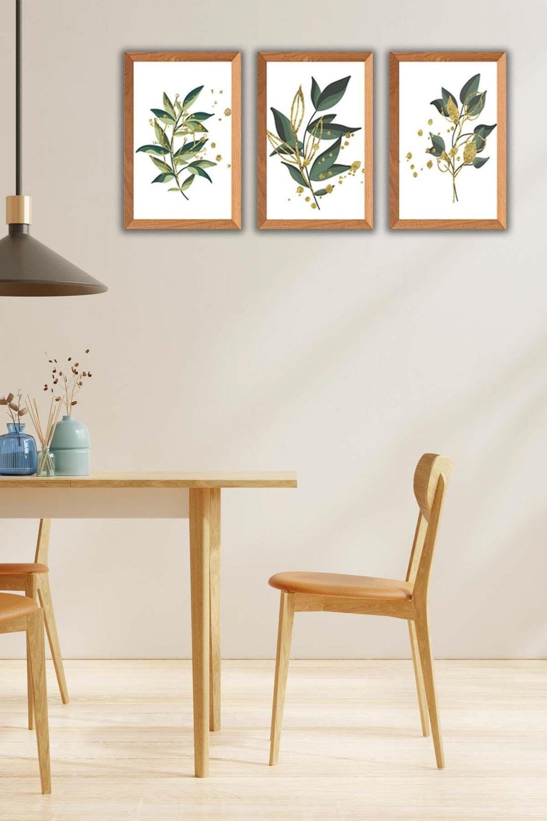 Yeşil Çiçek Temalı Ahşap Çerçeve Görünümlü Tablo Seti