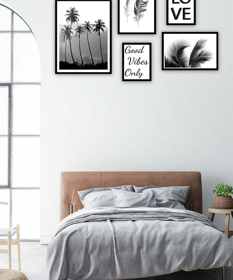 5 Parça Siyah Beyaz Yaprak Siyah Çerçeve Görünümlü Tablo Seti