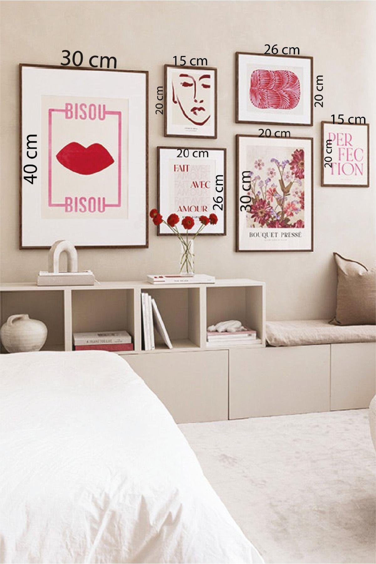 6 Parça Bısou Temalı Siyah Çerçeve Görünümlü Tablo Seti